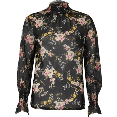 Black floral sheer mesh blouse